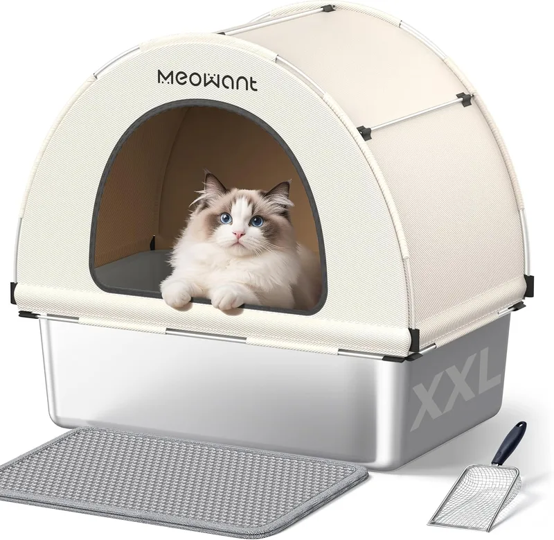 Meowant ▫️ Caixa de Areia para Gatos em Aço Inoxidável, Caixa de Areia XXL para Gatos com Pá e Tapete de Dupla Camada, Sanita Removível Fechada em Forma de U, Capa em Tecido Oxford