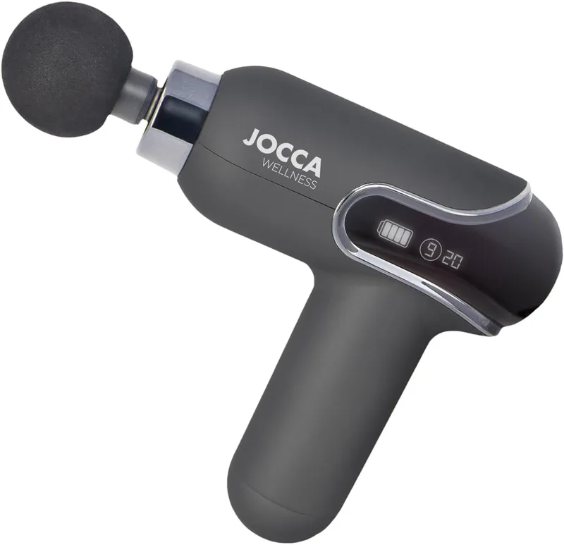 Jocca ▫️ Pistola de Massagem Muscular | 9 Velocidades | 4 Cabeças Intercambiáveis | Bateria de Lítio 1500mAh | Ecrã LED & Mala de Viagem