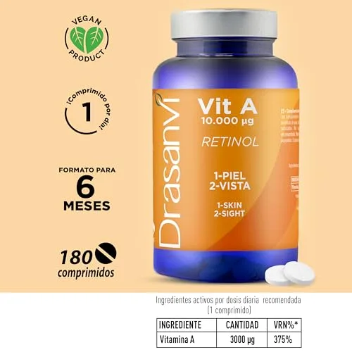 Drasanvi ▫️ Vitamina A Retinol 10 000 mcg em 180 comprimidos, vegan e natural 4