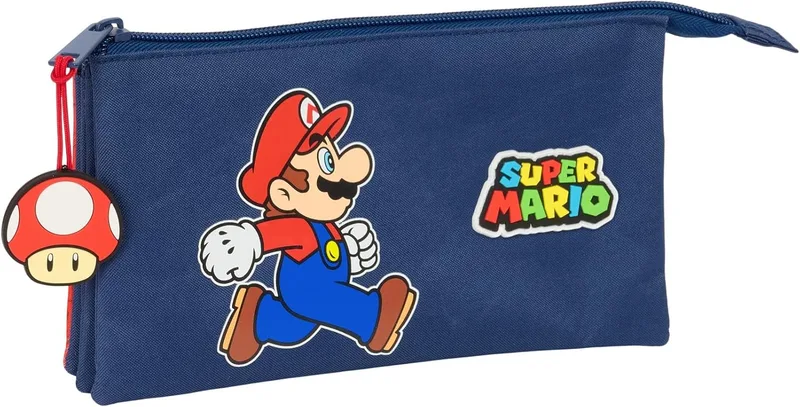 Safta ▫️ Super Mario Trick - Estojo triplo para lápis, estojo para crianças, ideal para crianças em idade escolar, cómodo e versátil, de qualidade e resistente, 22x3x12 cm