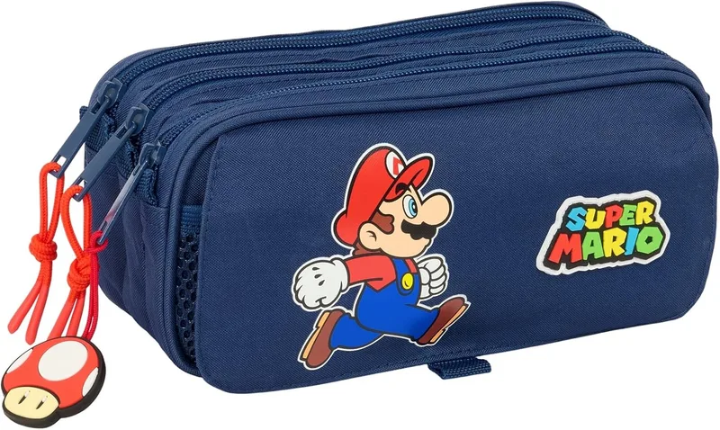 Safta ▫️ Super Mario Trick - Estojo grande triplo para lápis, estojo para crianças, ideal para crianças em idade escolar, cómodo e versátil, de qualidade e duradouro, 21,5x8x10 cm