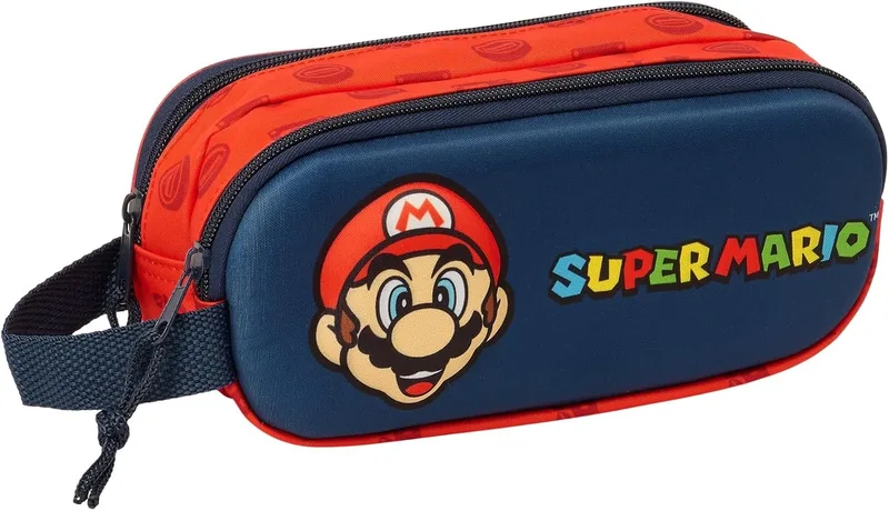 Safta ▫️ Super Mario 3D - Estojo duplo 3D, estojo para lápis para crianças, ideal para crianças em idade escolar, cómodo e versátil, de qualidade e resistente, 21x6x8 cm