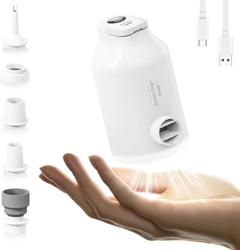 iyes.top ▫️ Insuflador elétrico a pilhas para colchões insufláveis, camas insufláveis, sacos de vácuo, piscina insuflável, 5 bicos e luz de campismo, insuflador rápido, insuflação e esvaziamento rápidos, bomba de ar