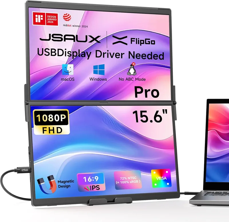 JSAUX ▫️ FlipGo Pro Monitor Portátil Duplo de 15,6", Extensor de Ecrã 1080P para Portátil, Ecrã Portátil Triplo Extensível com Design Magnético, Compatível com Windows/macOS (Requer Controlador)