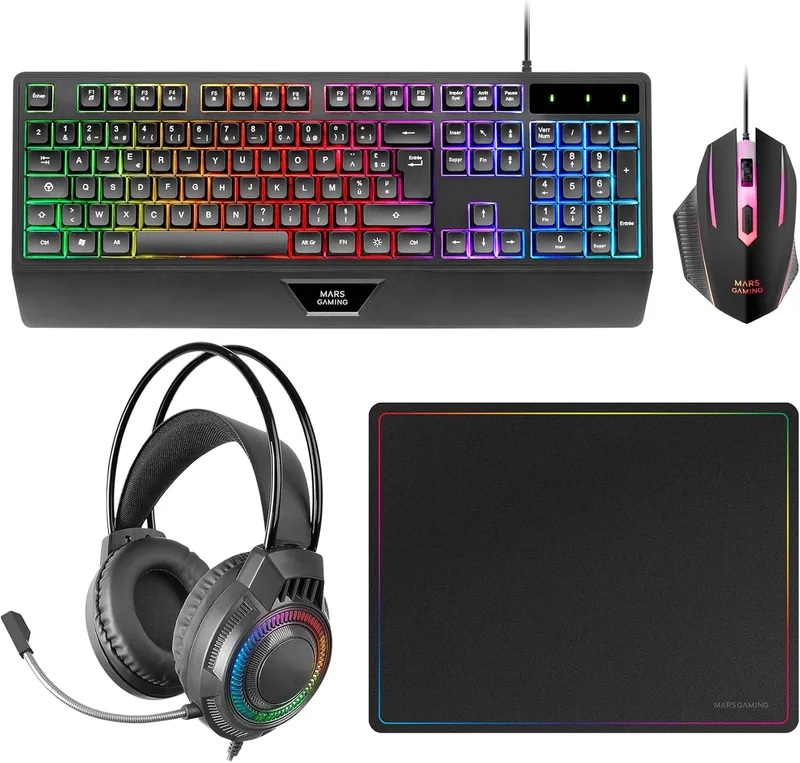 Mars Gaming ▫️ MCP124PRO, inglês, Combo para jogos 4 em 1, teclado H-Mech RGB com apoio para o pulso, rato RGB 3200DPI e interruptores HUANO, auscultadores FRGB, tapete de rato em nanotêxtil 36x26cm, multiplataforma, preto