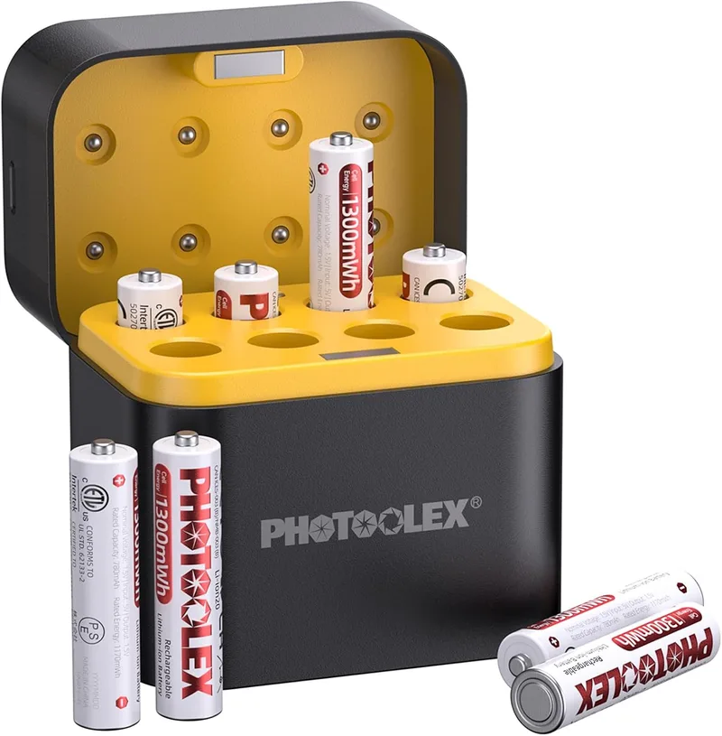 PHOTOOLEX ▫️ Pilhas recarregáveis de lítio AAA (8 unidades) com carregador, pilhas de lítio AAA de 1300 mWh, tensão constante de 1,5 V, pilhas recarregáveis de 1600+ ciclos para equipamento doméstico