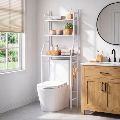 JUPPLIES ▫️ Estante de casa de banho para colocar sobre o sanita (47×26×153 cm) – Móvel auxiliar de casa de banho de 3 níveis em metal com pés ajustáveis e suporte anti-tombamento, organizador para toalhas, lavatório ou sanita - Branco 2