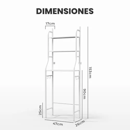 JUPPLIES ▫️ Estante de casa de banho para colocar sobre o sanita (47×26×153 cm) – Móvel auxiliar de casa de banho de 3 níveis em metal com pés ajustáveis e suporte anti-tombamento, organizador para toalhas, lavatório ou sanita - Branco 3