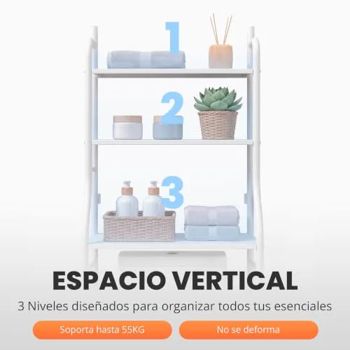 JUPPLIES ▫️ Estante de casa de banho para colocar sobre o sanita (47×26×153 cm) – Móvel auxiliar de casa de banho de 3 níveis em metal com pés ajustáveis e suporte anti-tombamento, organizador para toalhas, lavatório ou sanita - Branco 5