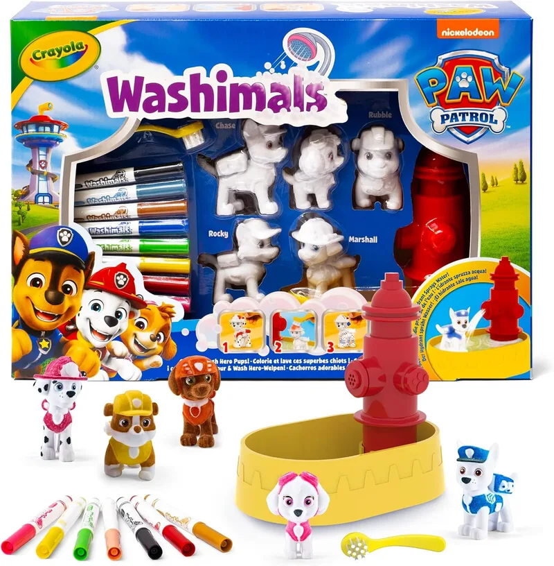 CRAYOLA ▫️ Washimals Paw Patrol, Conjunto de Atividades com 5 cachorrinhos, 8 canetas laváveis, banho de água, pincel, jogo e presente para crianças, a partir dos 3 anos, 74-0291