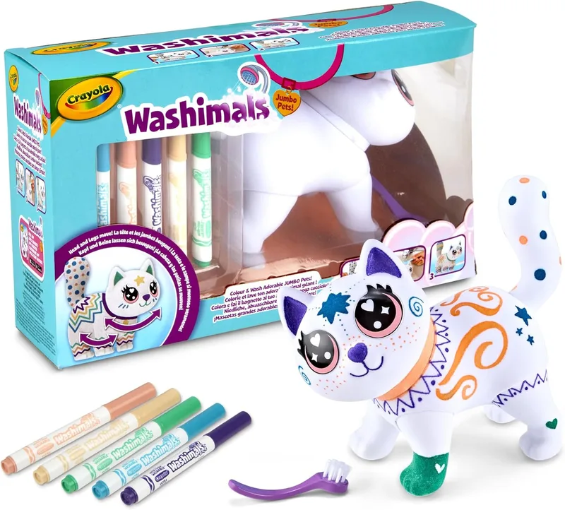CRAYOLA ▫️ Washimals Jumbo Pets - Big Jenny, a gatinha para cuidar, colorir, lavar e recriar, conjunto com 5 canetas laváveis, presente para crianças a partir dos 3 anos, 74-7518