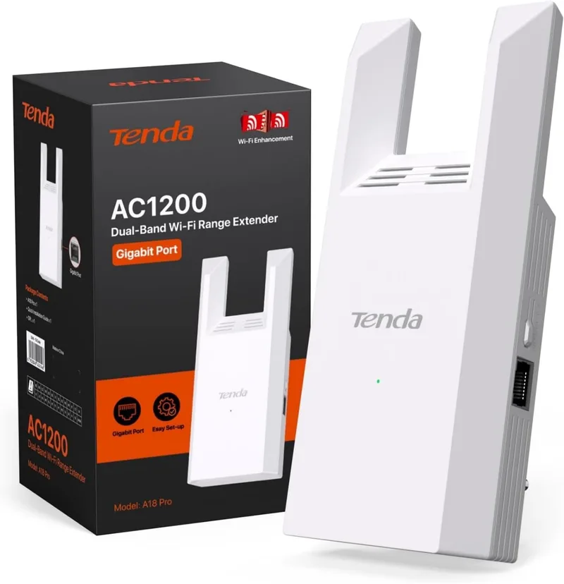 Tenda ▫️ Repetidor WiFi A18 Pro AC1200 com porta Gigabit, extensor WiFi de banda dupla 2,4/5 GHz, amplificador de sinal WiFi até 150m², modo Ap, instalação fácil