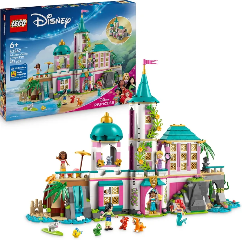 LEGO ▫️ Disney: Castelo das Princesas e Animais de Estimação Reais - Brinquedo modular detalhado - Mini-bonecas da Rapunzel, Ariel, Vaiana, Jasmine e Mulan e animais - Presente para meninas a partir dos 6 anos 43267