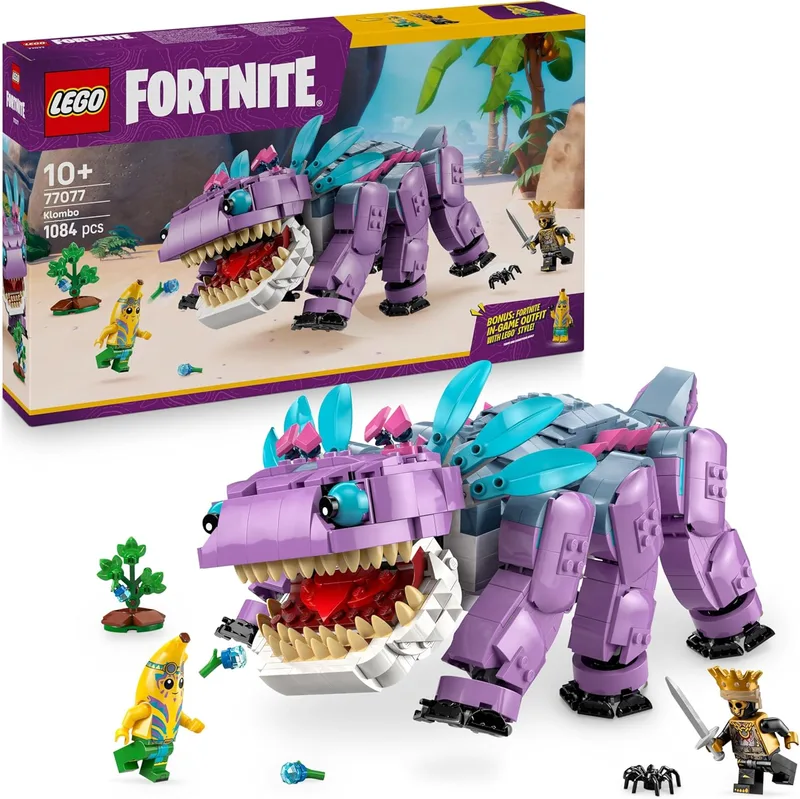 LEGO ▫️ Fortnite Klombo – Figura de dinossauro para brincar e expor – Minifiguras do Aventureiro da Ilha Banano e do Ouro – Presente para jogadores, para meninos e meninas a partir dos 10 anos, fãs do videojogo 77077