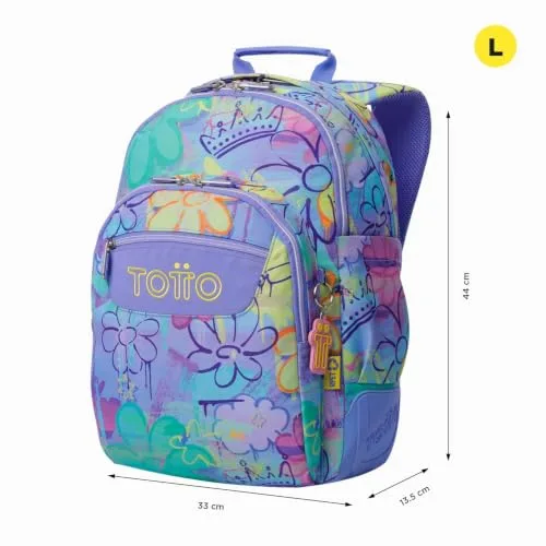TOTTO ▫️ Mochila escolar grande, modelo Rayol, capacidade de 19 L, 3 compartimentos, 2 bolsos para garrafas, bolso para computador portátil de 14", encosto ergonómico com ventilação, alças em S, padrão Grafily 2
