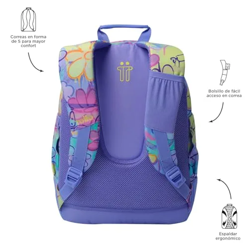 TOTTO ▫️ Mochila escolar grande, modelo Rayol, capacidade de 19 L, 3 compartimentos, 2 bolsos para garrafas, bolso para computador portátil de 14", encosto ergonómico com ventilação, alças em S, padrão Grafily 3