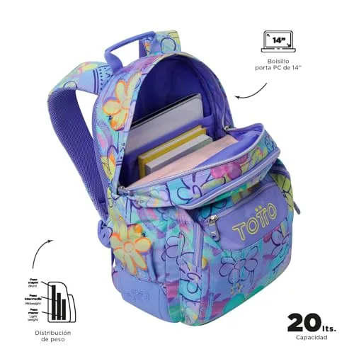TOTTO ▫️ Mochila escolar grande, modelo Rayol, capacidade de 19 L, 3 compartimentos, 2 bolsos para garrafas, bolso para computador portátil de 14", encosto ergonómico com ventilação, alças em S, padrão Grafily 4