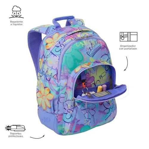 TOTTO ▫️ Mochila escolar grande, modelo Rayol, capacidade de 19 L, 3 compartimentos, 2 bolsos para garrafas, bolso para computador portátil de 14", encosto ergonómico com ventilação, alças em S, padrão Grafily 5