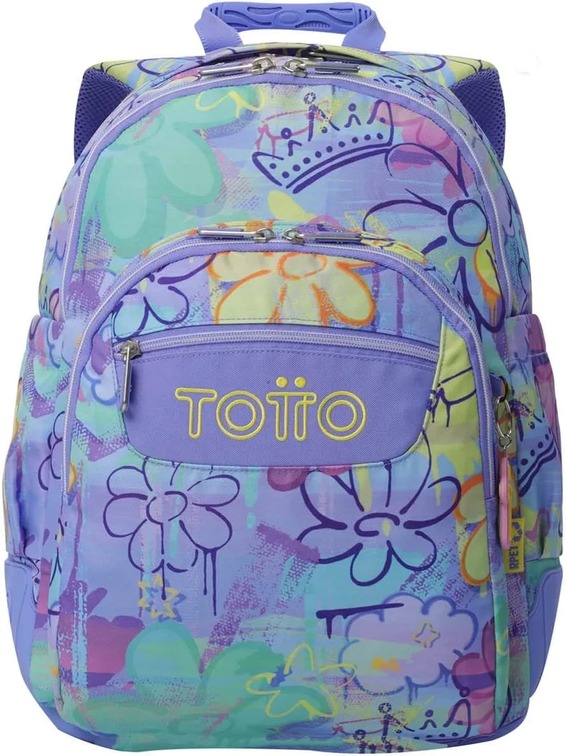 TOTTO ▫️ Mochila escolar grande, modelo Rayol, capacidade de 19 L, 3 compartimentos, 2 bolsos para garrafas, bolso para computador portátil de 14", encosto ergonómico com ventilação, alças em S, padrão Grafily