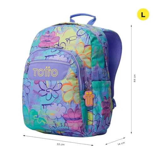TOTTO ▫️ Mochila escolar adaptável a carrinho, modelo Acuareles, capacidade de 20 L, bolso para computador de 14", 2 bolsos para garrafas, encosto ergonómico com ventilação, alças confortáveis em forma de S, padrão Grafily 2