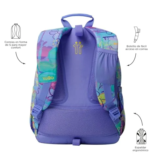TOTTO ▫️ Mochila escolar adaptável a carrinho, modelo Acuareles, capacidade de 20 L, bolso para computador de 14", 2 bolsos para garrafas, encosto ergonómico com ventilação, alças confortáveis em forma de S, padrão Grafily 3