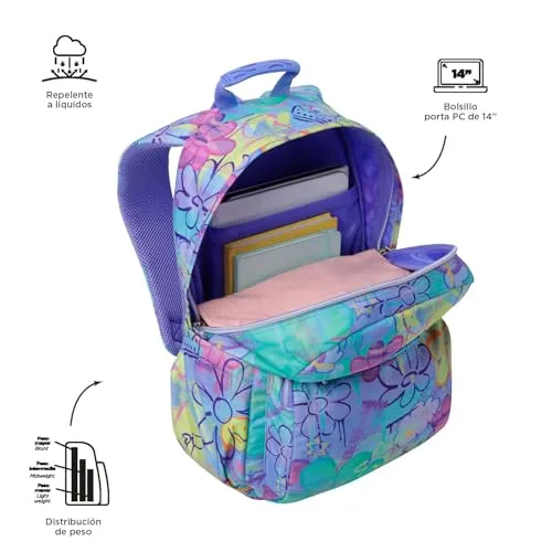 TOTTO ▫️ Mochila escolar adaptável a carrinho, modelo Acuareles, capacidade de 20 L, bolso para computador de 14", 2 bolsos para garrafas, encosto ergonómico com ventilação, alças confortáveis em forma de S, padrão Grafily 4