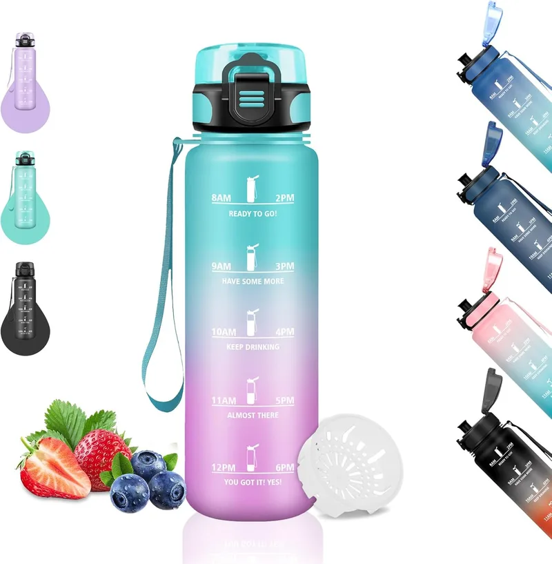 Grsta ▫️ Garrafa de água de 500 ml, Garrafa de água reutilizável, Garrafa de água para crianças com filtro, fácil de limpar, Garrafa de água para crianças da escola, marcador de tempo, para a escola, escritório, viagens, corrida, verde-rosa