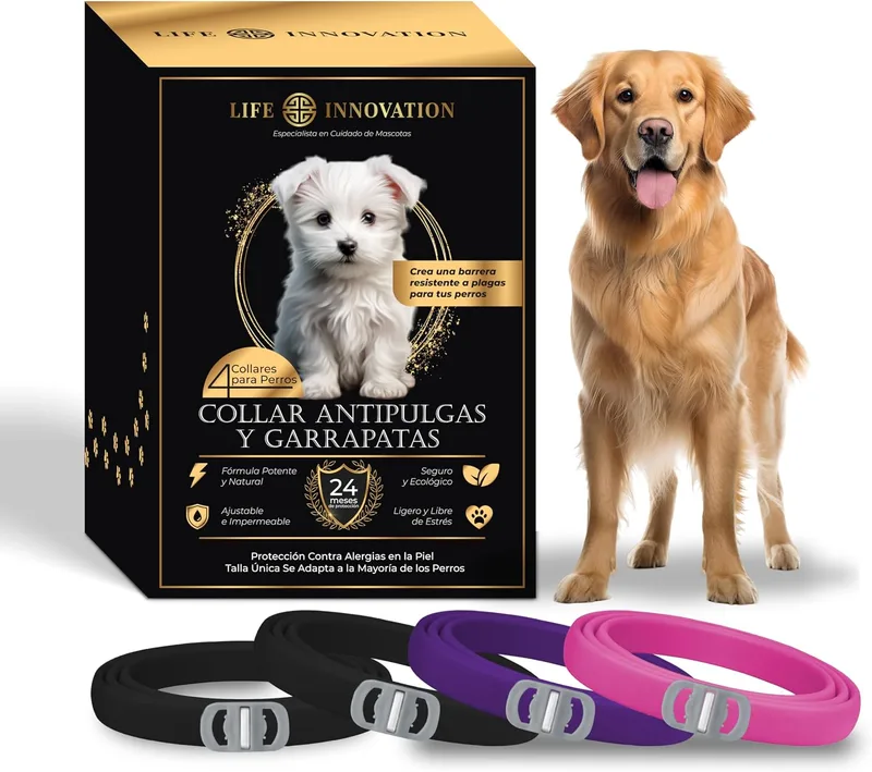 Life Innovation ▫️ Conjunto de 4 coleiras antiparasitárias para cães, 24 meses de proteção contra pulgas, carraças e mosquitos — 100% natural, impermeável, ajustável, para todos os tamanhos.