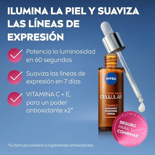 NIVEA ▫️ Cellular Expert Filler - Sérum Iluminador Facial - Com Vitamina C e E - Sérum Antioxidante - Potencia a luminosidade - Protege e hidrata - Pele radiante - Suaviza as linhas de expressão - 30 ml 2