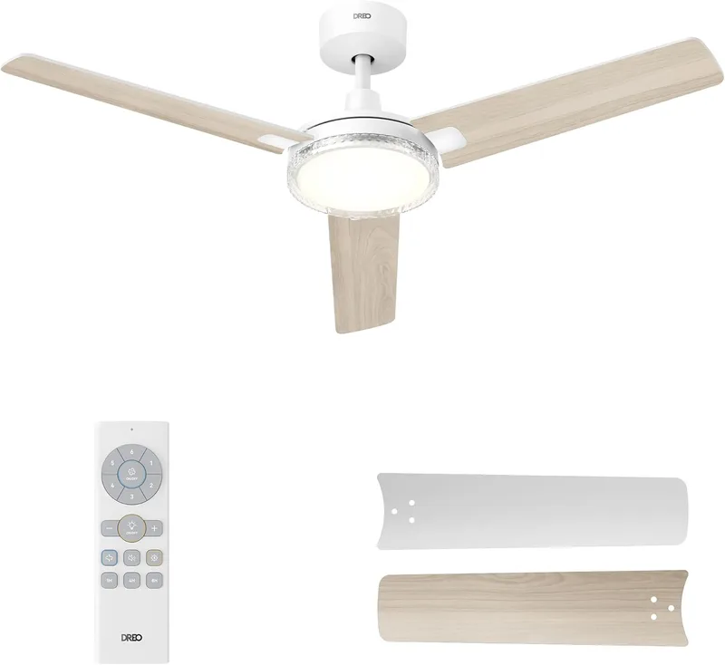Dreo ▫️ Ventilador de teto com luz e comando à distância, 132 cm, ventilador branco, 5 temperaturas de cor (CCT), LED regulável em 6 níveis, 6 velocidades, motor CC reversível e silencioso, temporizador de 1/4/8 h