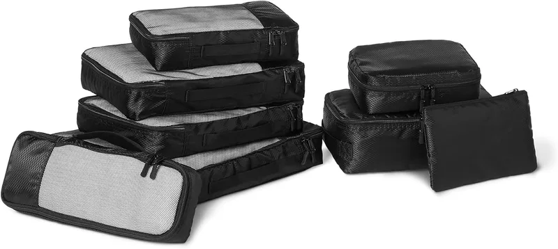 Amazon Essentials ▫️ Conjunto de 8 malas de viagem, organizador de bagagem com fecho duplo, 100% poliéster, vários tamanhos, preto