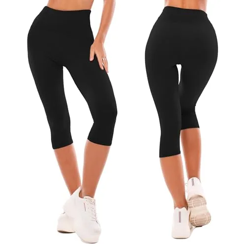 SINOPHANT ▫️ Leggings 3/4 para mulher, cintura alta, opacas, elásticas, tamanhos grandes, 2 unidades, pretas 2