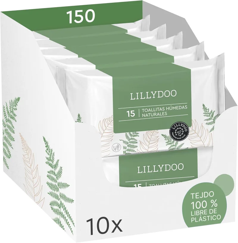 LILLYDOO ▫️ Toalhitas húmidas naturais green, 150 unidades (10x15), 100% sem plástico e resistentes – sem perfumes, limpeza delicada e suave para pele sensível, testadas dermatologicamente