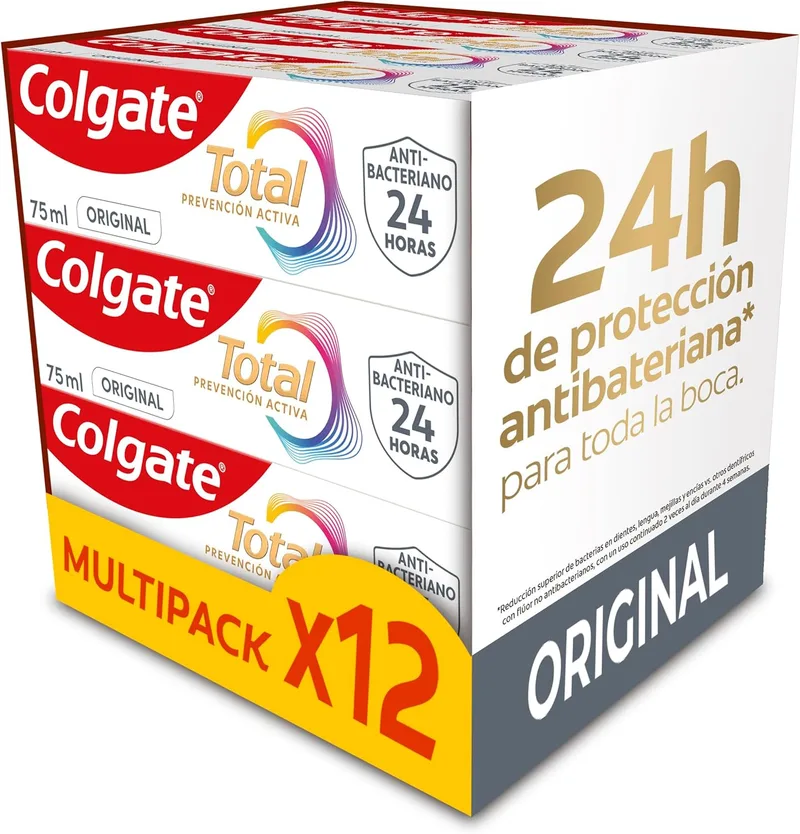 Colgate ▫️ Total Active Prevention Original Toothpaste Pack 12 x 75ml | Combate as principais causas de problemas de saúde oral | Proteção antibacteriana 24h | Tecnologia patenteada