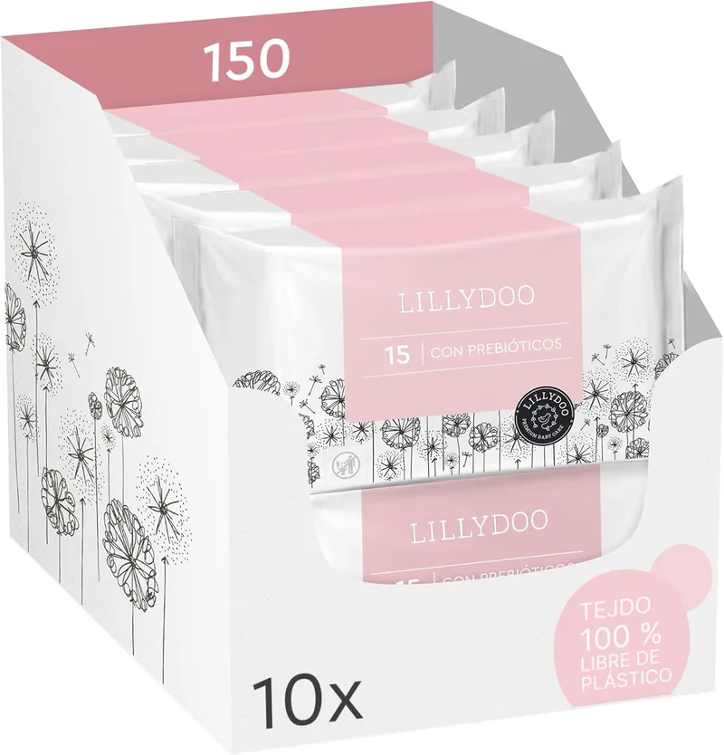 LILLYDOO ▫️ Toalhetes prebióticos 150 unidades (10x15), reforçam a barreira natural da pele, tecido 100% sem plástico, suaves e sem perfume, dermatologicamente testados.