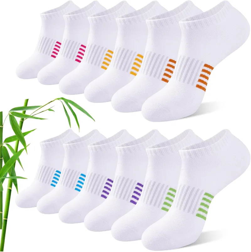 Effeet ▫️ Meias de bambu para mulher, 6/12 pares, meias desportivas respiráveis para corrida, almofadadas, coloridas e anti-suor, presentes de verão para mulher