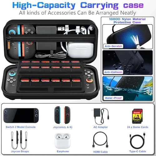 daydayup ▫️ Capa compatível com a consola Nintendo Switch 2, Capa rígida de transporte para Nintendo Switch 2, Capa protetora com espaço de armazenamento para 20 jogos, consola e acessórios, cor preta 5