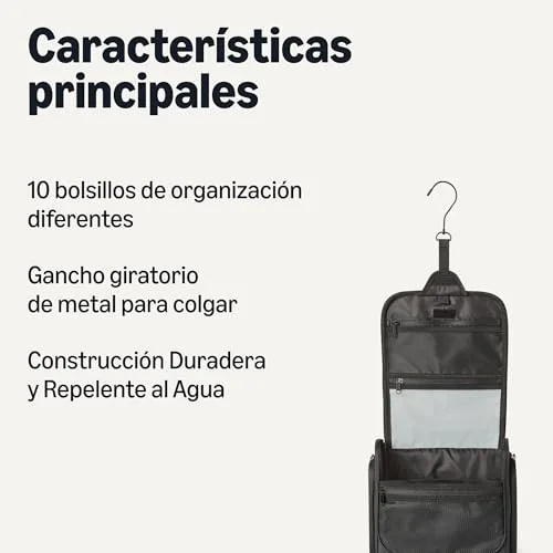 Amazon Essentials ▫️ Bolsa de Viagem com Gancho para Pendurar, Estojo Portátil para Cosméticos, Grande Capacidade, Organizador de Viagem para Artigos de Higiene Pessoal e Cosméticos de Tamanho Normal, 25,4 cm, Preto 2