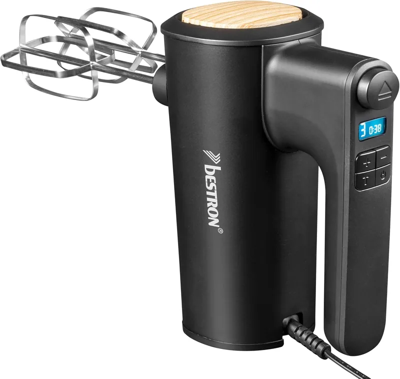 Bestron ▫️ Batedeira batedeira potente com 6 níveis, função turbo e ecrã LCD, dispositivo de agitação com 2 batedores e 2 ganchos para amassar, peso leve de 1 kg, cor: preto/madeira