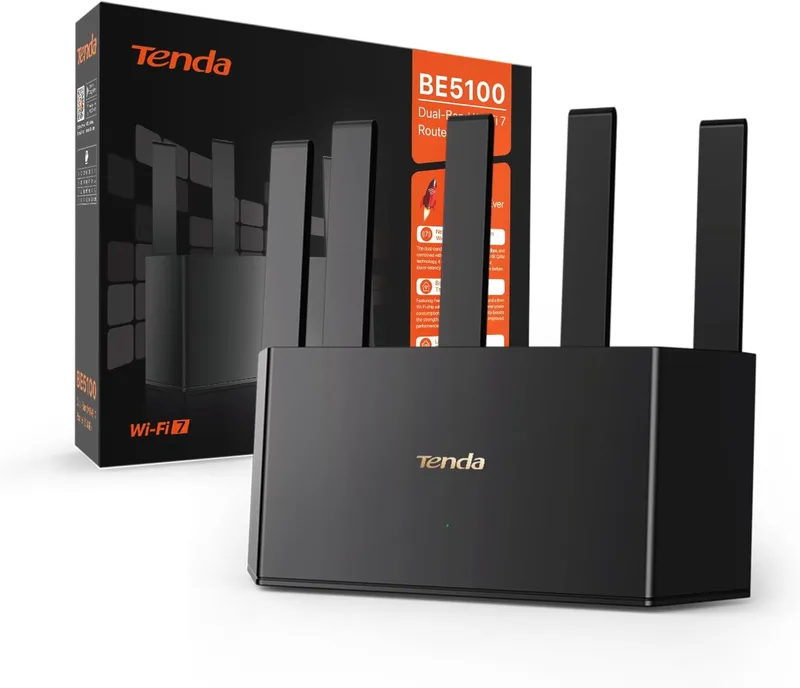 Tenda ▫️ Dual Band WiFi Router 7 BE5100, WiFi Mesh, 1 porta 2,5 Gbps + 3 portas Gigabit WAN/LAN, 5 antenas verticais, tecnologia MLO, 4K-QAM, jogos VR/AR, NFC, compatível com VPN