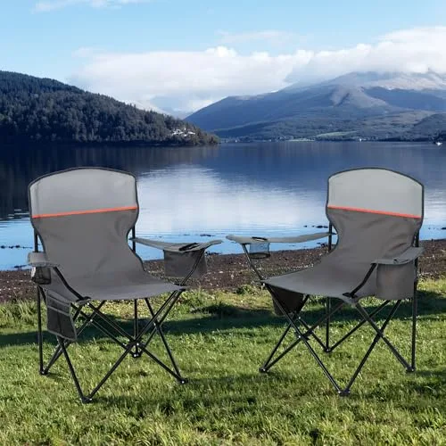HIGH POINT SPORTS ▫️ Cadeiras dobráveis de campismo até 102 kg, cadeiras dobráveis com suporte para bebidas, conjunto de 2 cadeiras dobráveis com braços cinzentas, cadeira de campismo ultraleve 2