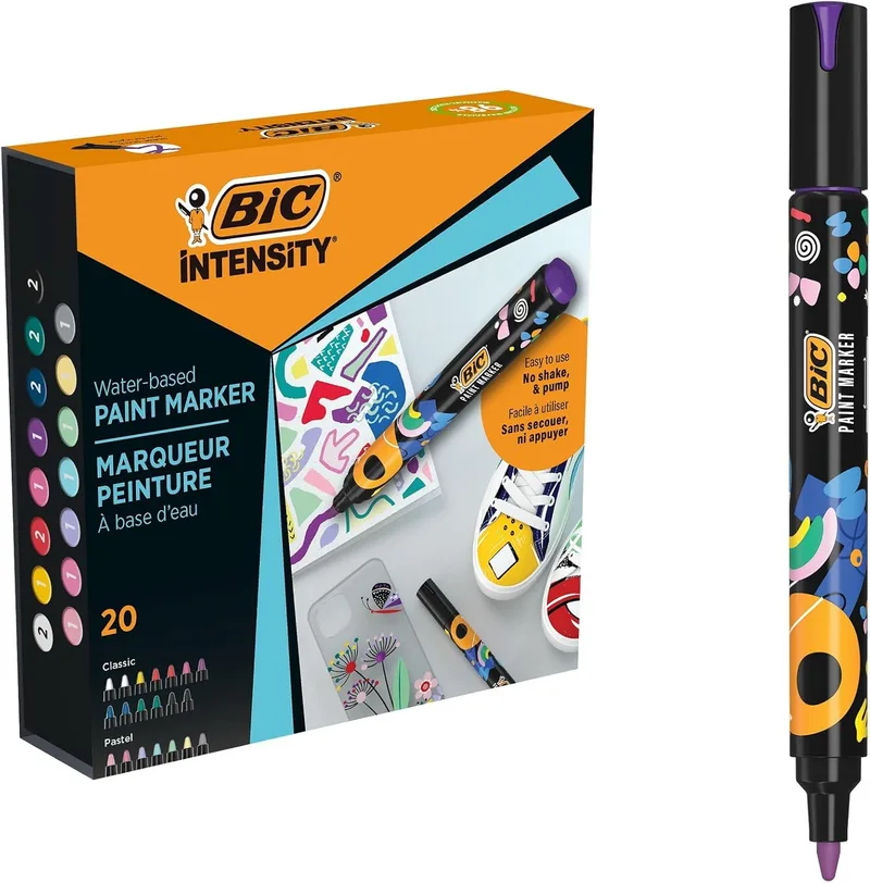 BIC ▫️ Marcadores Intensity Paint com ponta média para várias superfícies, não tóxicos – cores clássicas e pastéis sortidas, caixa de 20