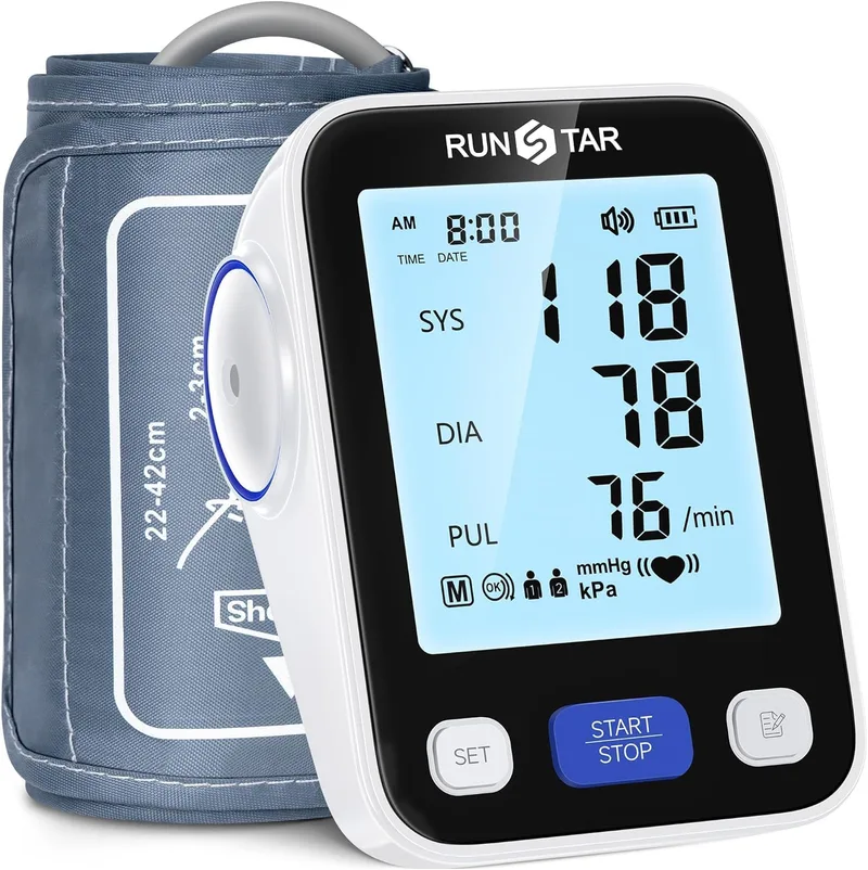 runstar ▫️ Tensiómetro de braço com braçadeira de ampla amplitude (22 cm-42 cm) para uso doméstico, tensiómetro digital automático com bolsa de armazenamento e memória para 2x99 leituras