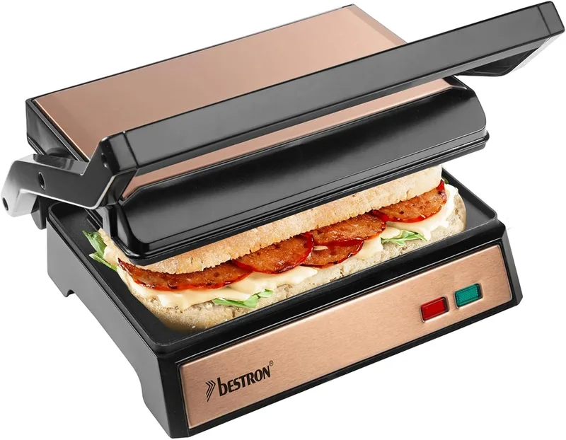 Bestron ▫️ Grelhador elétrico de contacto com lava-loiça, grelhador tipo sanduíche com pega de toque frio e abertura de 180°, revestimento antiaderente, coleção de cobre, cor de cobre