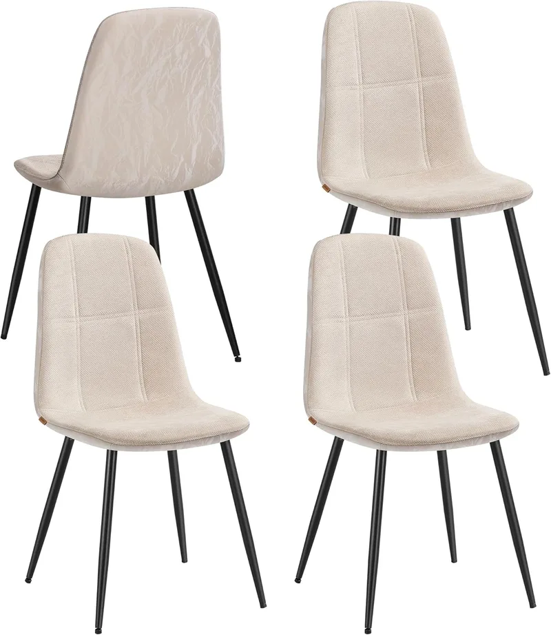 VASAGLE ▫️ Cadeiras de Jantar, Conjunto de 4, Estrutura Metálica, Pés Ajustáveis, Limpeza Fácil, Cadeiras de Cozinha, Tecido Chenille, PU com Textura Brilhante, Branco Creme KDC188W01