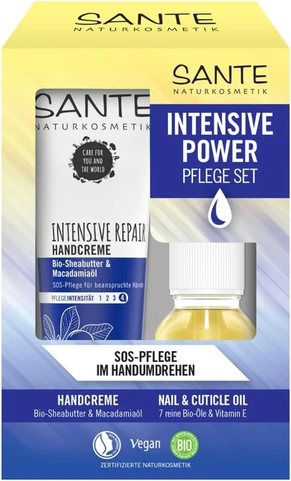 Sante Naturkosmetik ▫️ Intensive Repair - Kit de cuidados para as mãos com manteiga de karité e óleo de macadâmia + óleo para unhas e cutículas com 7 óleos biológicos, cuidados intensivos para as mãos