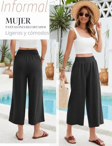 UMIPUBO ▫️ Calças de linho para mulher, de verão, de algodão, de 3/4, largas, cintura alta, elásticas, calças casuais, desportivas, leves, calças de praia, confortáveis, esvoaçantes, com bolsos 2