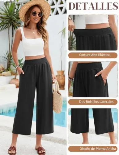 UMIPUBO ▫️ Calças de linho para mulher, de verão, de algodão, de 3/4, largas, cintura alta, elásticas, calças casuais, desportivas, leves, calças de praia, confortáveis, esvoaçantes, com bolsos 4