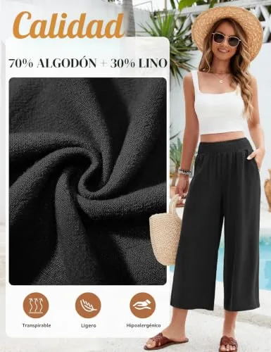 UMIPUBO ▫️ Calças de linho para mulher, de verão, de algodão, de 3/4, largas, cintura alta, elásticas, calças casuais, desportivas, leves, calças de praia, confortáveis, esvoaçantes, com bolsos 5