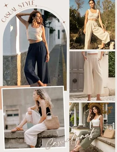 UMIPUBO ▫️ Calças de linho para mulher, de verão, de algodão, de 3/4, largas, cintura alta, elásticas, calças casuais, desportivas, leves, calças de praia, confortáveis, esvoaçantes, com bolsos 6